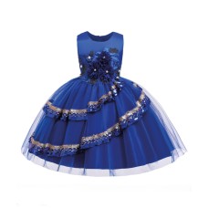 Blue Floral Applique Swirl Sequins Dress