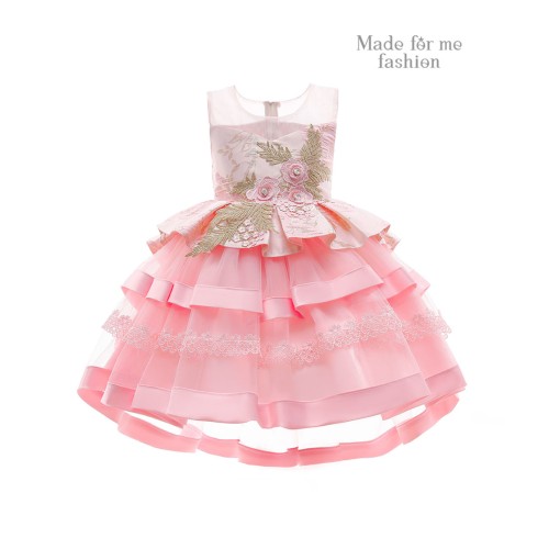 Floral Applique Jacquard Dress - Light pink