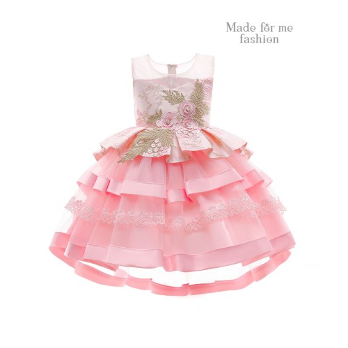Floral Applique Jacquard Dress - Light pink
