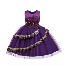 Purple Floral Applique Swirl Sequins Dress