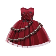 Red Floral Applique Swirl Sequins Dress