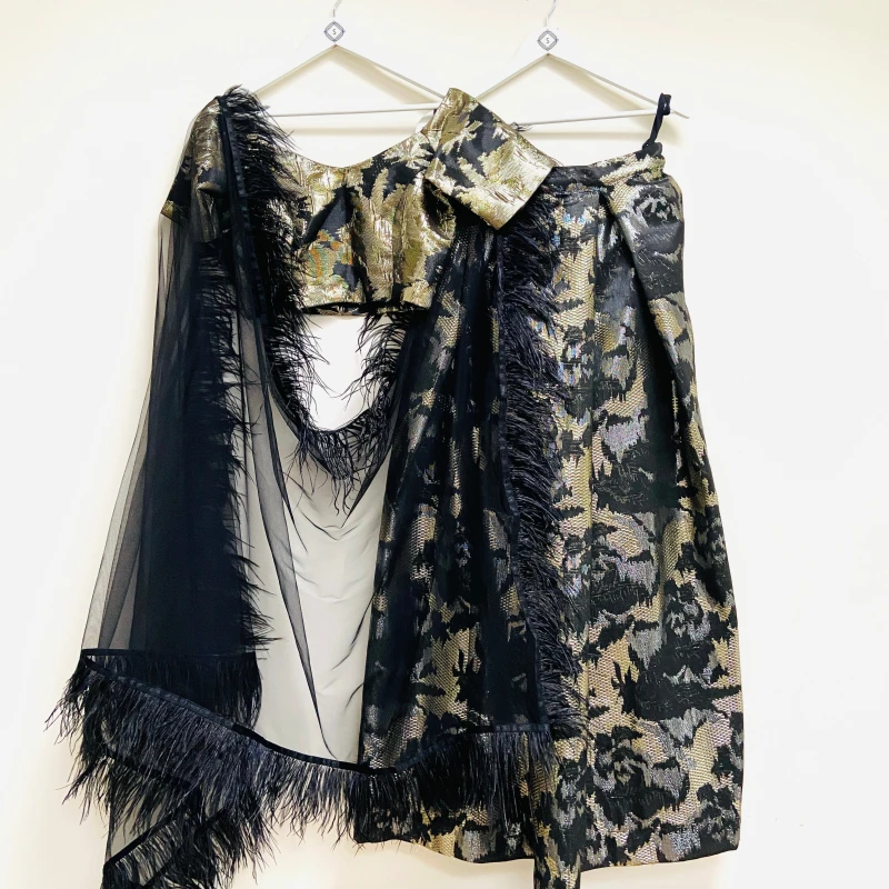 Textured Art Black and Gold Lehenga Skirt