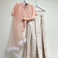 Pink and cream leaf brocade lehenga skirt