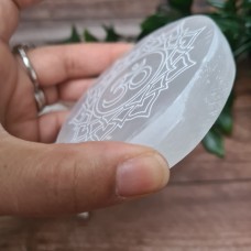 Selenite Charging Plate Disc engraved with Om Aum