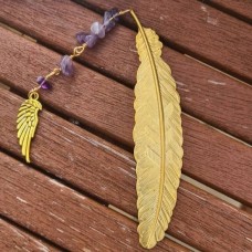 Gold Feather Bookmark with Angel Wing and Crystal Charm