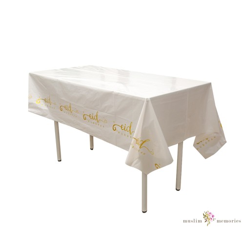 Eid Mubarak Disposable Tablecloth - White & Gold Marble