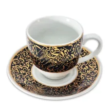 Set of 6 Ceramic Cups & Saucers - Black & Metallic Gold Islamic Detailing