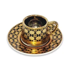 Set of 6 Ceramic Cups & Saucers - Black & Gold Geometric Pattern