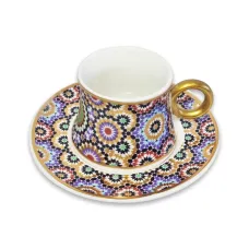 Set of 6 Ceramic Cups & Saucers - Multicolour Mandala Pattern