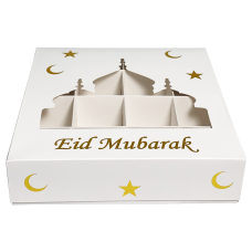 Eid Mubarak 12 Compartment Cupcake Box - White / Gold Stars