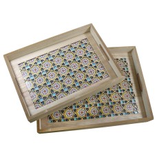 Set of 2 Rectangular Wooden Geometric Inlay Pattern Iftar Serving Trays