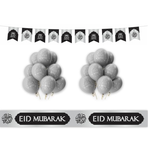 EID Mubarak Decoration Set - Black & Silver Geometric Design (AG21)