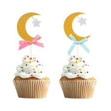 Paper Glitter Moon, Star & Bow Cupcake Topper (Blue)