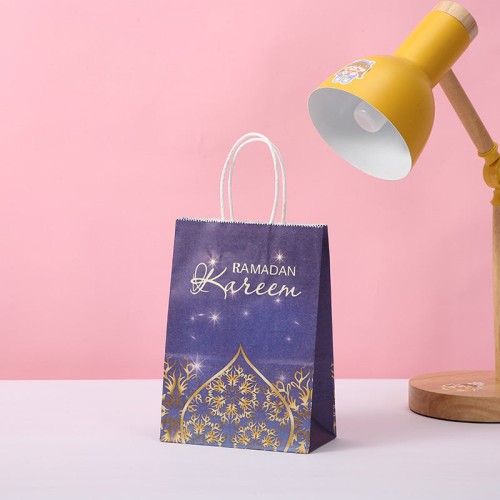 Ramadan Kareem Kraft Paper Bag - Purple, Blue & Gold Geometric