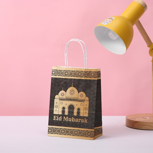 Eid Mubarak Kraft Paper Bag - Black & Gold Geometric