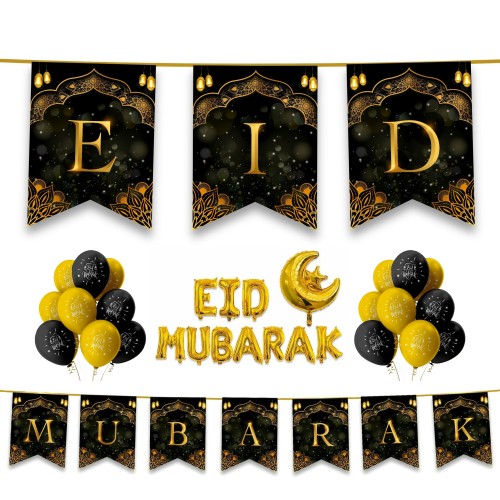 EID Mubarak 31 pc Decoration Set - Black & Gold Geometric Stars & Lanterns