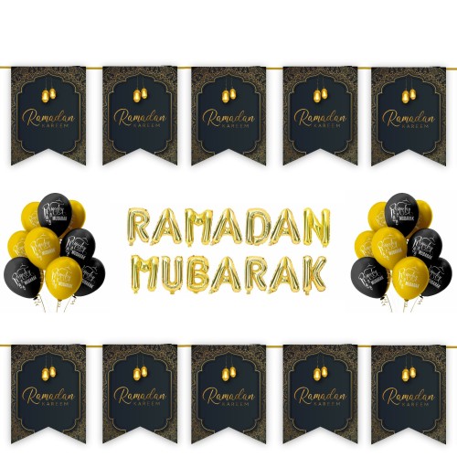 Ramadan Kareem 34 pc Decoration Set - Black & Gold Geometric Lanterns Frame