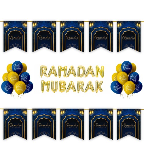 Ramadan Kareem 34 pc Decoration Set - Navy & Gold Hanging Lanterns Archway