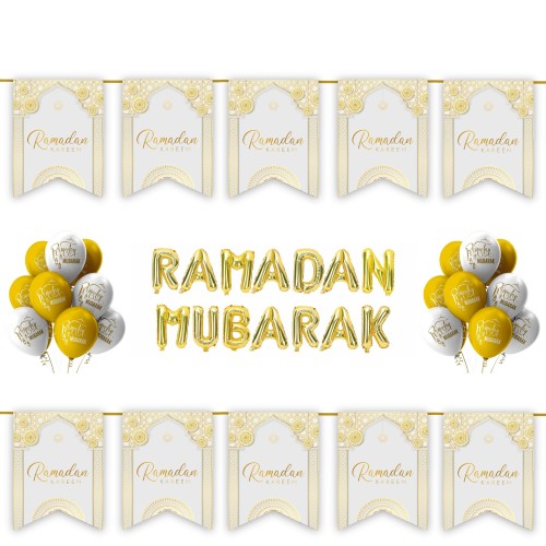 Ramadan Kareem 34 pc Decoration Set - White & Gold Geometric Arabesque Archway