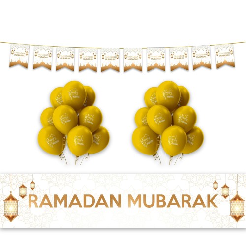RAMADAN Mubarak Geometric & Lanterns Decoration Set - White & Gold (MM)