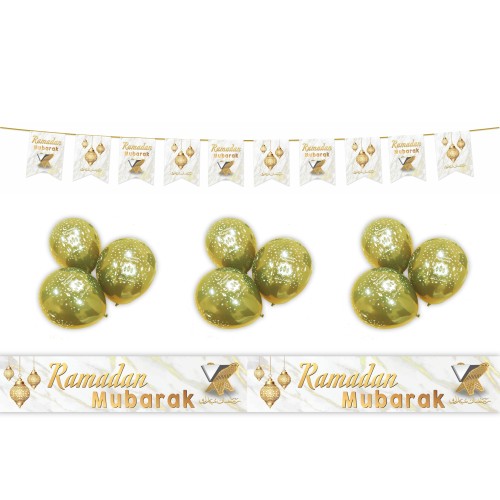 RAMADAN Mubarak Decoration Set - White & Gold Marble & Lanterns Design (AG21)