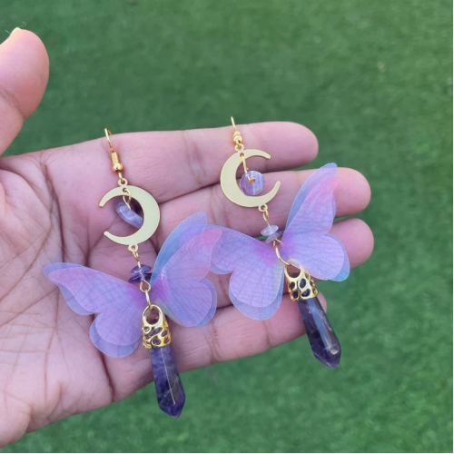 Purple Butterfly Earrings |Butterfly Gift|Butterfly Crystal Earrings|Purple butterfly crystal moon drop earrings|Birthday Gift| Wedding Gift