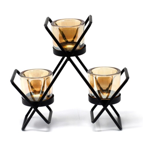 Black Tealight Candle Holder Centrepiece with Glass Votive. Iron Triangle with 3 Candle Cups