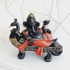 Sitting Ganesh with Red Robe on Peacock Bench - Ganesha Statue, Hindu Devotee Gift, Diwali Blessings