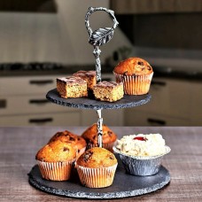 Black Qubd Slate Cake Serving Stand - Tiered Centrepiece for Pastries and Pies | Christmas Party Essential | 18/23/25cm Sizes | Elegant Slate Design with Chrome Fittings