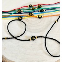Handmade Modern Initial Rakhri, Rakhi Rakhree, Raksha Bandhan, Gold Foiled Black Beads, 100% Egyptian Cotton,Friendship Bracelet,