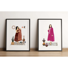 2 set for Indian Pakistan Art Prints, illustration, Women Art, Brown Girl, Desi, traditional dress , Rugs, Plants
