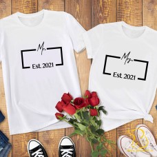 Couples T-Shirts - Personalised Mr/Mrs Est 2021, Valentines, Wedding, Engagement - White/Black