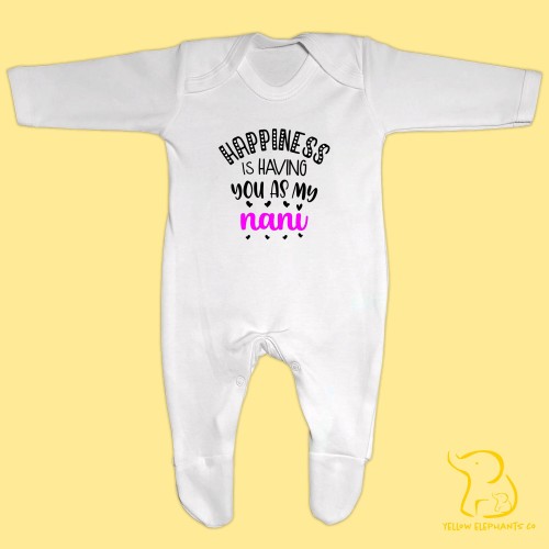 Custom Happiness Is Having You As My Nani (any relation) Baby Sleepsuit - Indian, Punjabi, Gujarati, Desi, Tamil, Telugu, Urdu, Pakistani