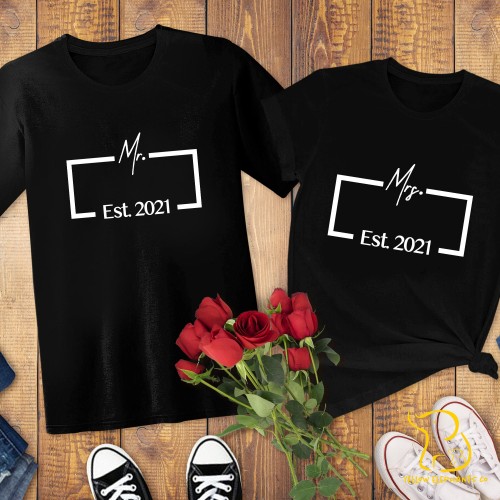 Couples T-Shirts - Personalised Mr/Mrs Est 2021, Valentines, Wedding, Engagement - White/Black