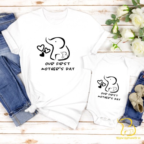 Matching Mum and Baby 'Our First Mother's Day' T-Shirt and Baby Bodysuit - White