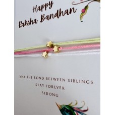 Pack of 3 Gold Star Rakhi Bracelets, 100% Pastel Cotton Rakhri Threads, Kids/Adults Raksha Bandhan Card Gift, Handmade Modern Brother Sister Present, with Optional Chocolate and Gift Note.