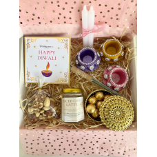 Modern Diwali Gift Box Hamper, Decorated Candle Holder, Happy Diwali Card, Mixed Nuts, Spiced Chai Latte, Chocolates. Ideal Diwali Hamper.