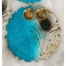 8′ Hand-Made Peacock Feather and Real Gold Flakes Resin Art Tray / Pooja Thali – Limited Edition