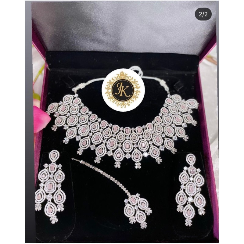 Pink American Diamond Necklace set with Earrings - Wedding Gift - Avra Pink  Necklace Set by Blingvine