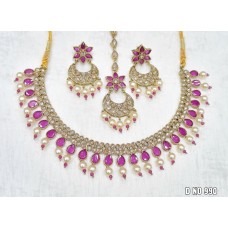 Pink Purple Latest Indian Jewellery Set Necklace Choker Set Wedding Party Gold Chandbali Earrings and Tika.