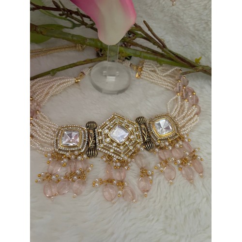 Uncut kundan Polki Choker Blush in Pink Beads with Beautiful Earrings Light Weight Asian Jewellery.