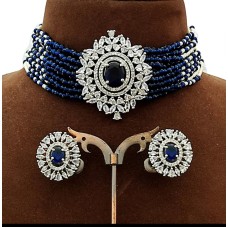 CZ American Diamond Choker with pearl beads and stud Earrings Indian Jewellery