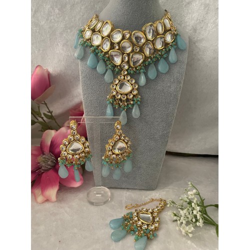 Kundan Necklace Set Light Blue/ Kundan Necklace Set Dark Blue / Kundan Necklace Set Pink with Onex Beads.