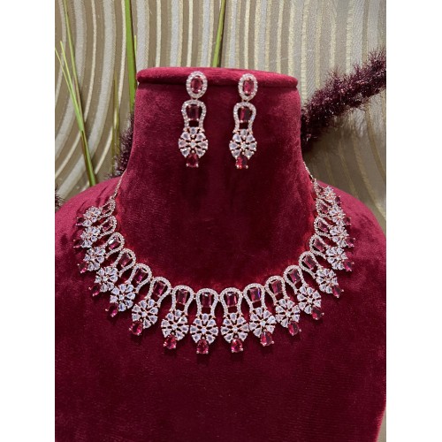 Ruby American Diamond Necklace Set/ Green American Diamond Necklace Set/Rose Gold/Mint Green/Ruby