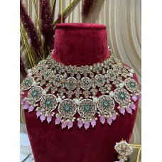 Gold Polki Finish Pink Bridal Necklace Set/Pakistani Jewelery/Indian Jewelery/Bollywood Jewelery/Indian Wedding Jewelery.