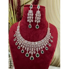 CZ American Diamond Necklace with Statement Earrings Indian Jewellery Rose Gold Green & Blue Stones.