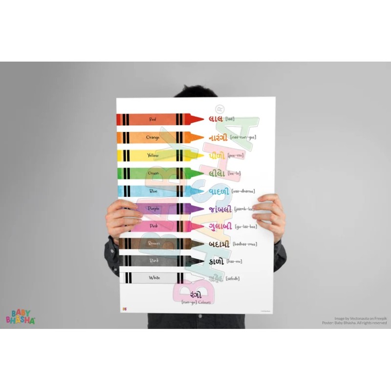 Gujarati Colour Poster | Hand illustrated | Children's Poster | Colourful Nursery and Playroom Print | Educational & Learning Prints