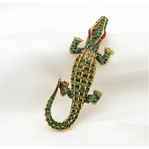 Stunning Vintage Look Gold Plated Green Crocodile Design Brooch Broach Pin B47
