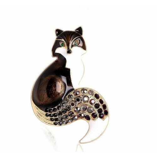 Vintage Look Gold Plated LUCKY Black Fox Brooch Suit Coat Broach Collar Pin B23C