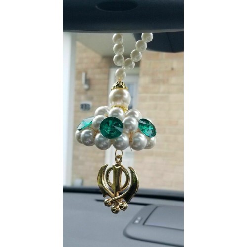 Gold Plated Punjabi Sikh Small Khanda Stunning Pendant Car Rear Mirror Beads Mal